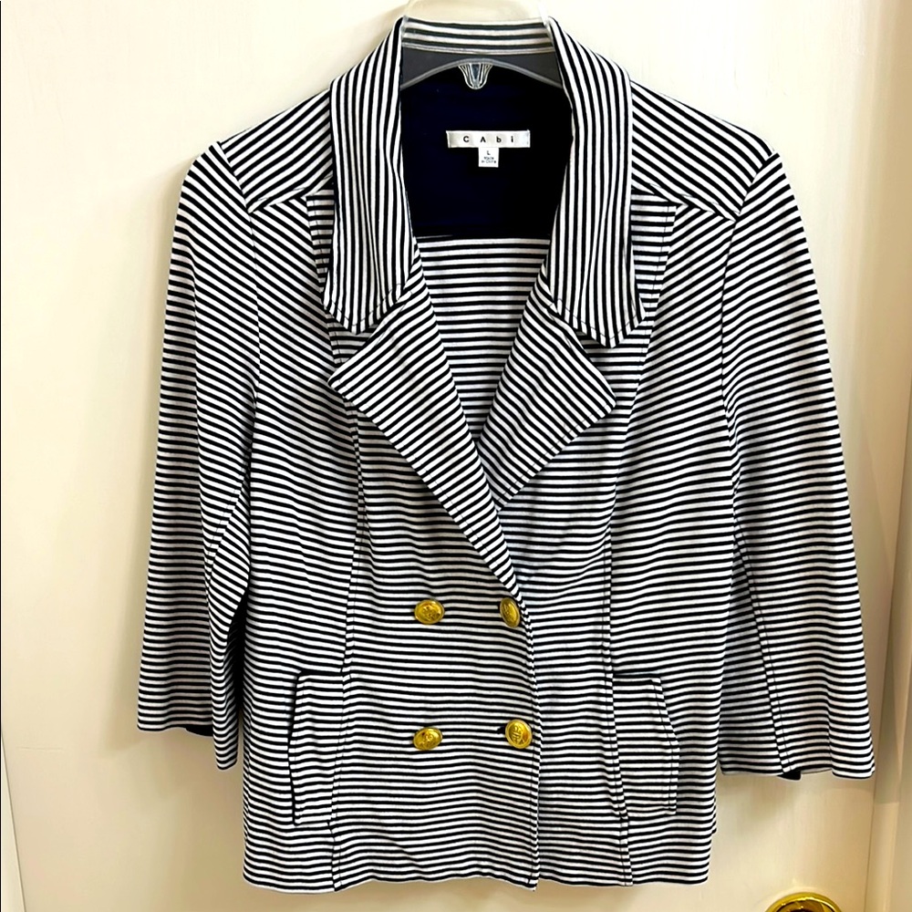 Cabi navy and white striped double breasted blazer, size L, with 4 brass buttons